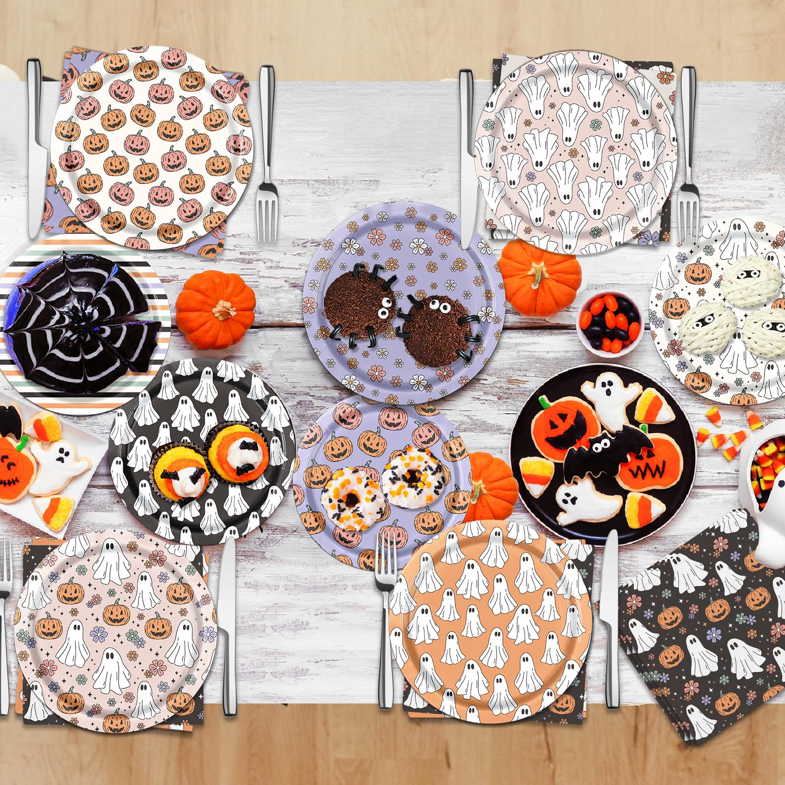 YTGUVBK Halloween Party Plates and Napkins, 60Pcs Halloween Party Supplies Tableware Set, Pumpkins Ghost Halloween Paper Plates Napkins for Halloween Birthday Party Decorations