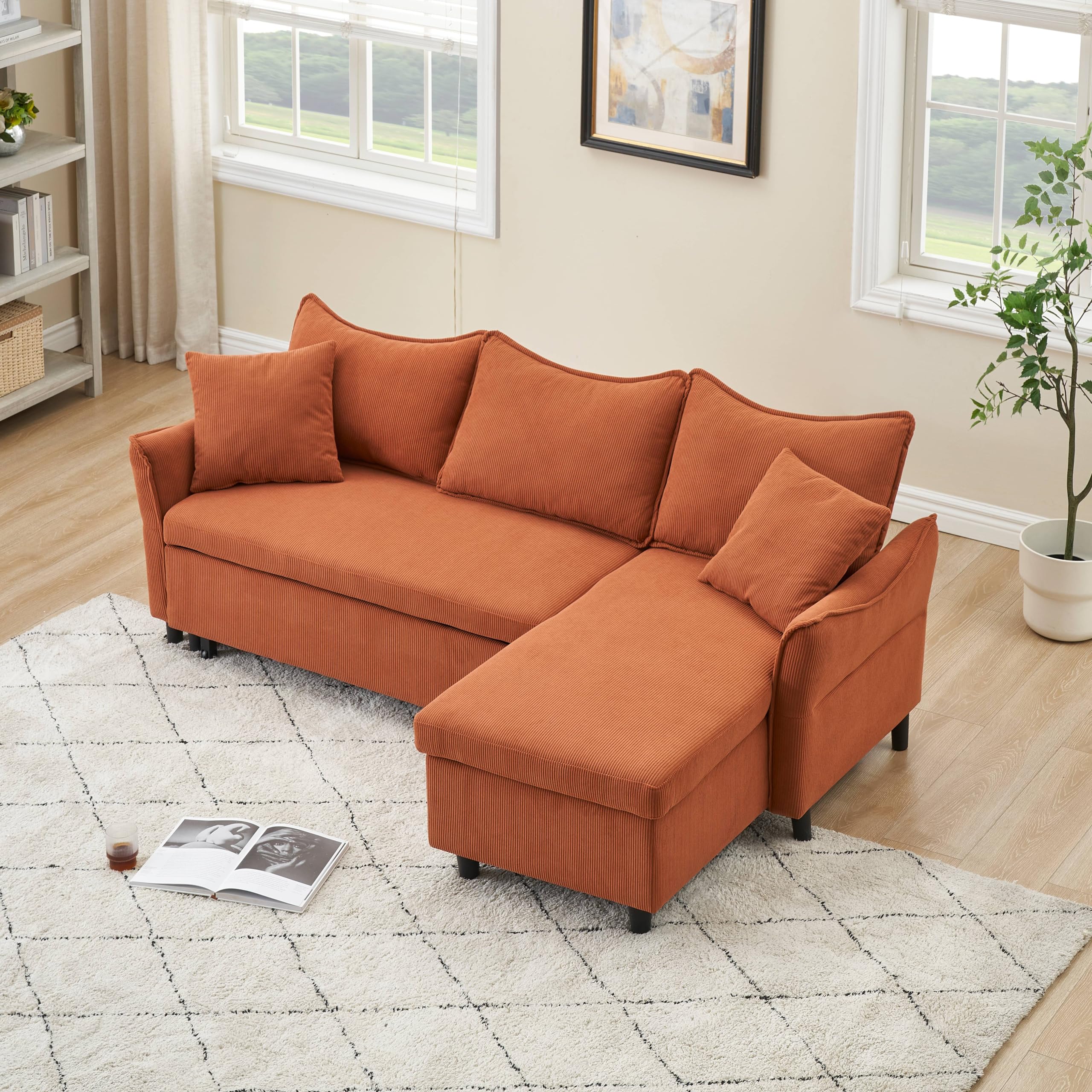 FHUKMZOI 80" Corduroy L-Shaped Convertible Sectional Couches Sofa with Reversible Storage Chaise, Pull-Out Sleeper Sofa Bed with Throw Pillows for Living Room, Office, Apartment (Orange)