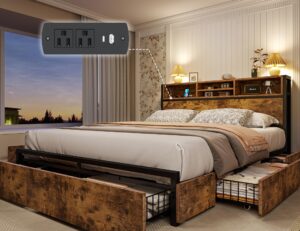 enhomee queen bed frame with 6 storage drawers queen bed frame with headboard queen size bed frame with charging station queen bed frame with storage no noise,no box springs needed,vintage brown