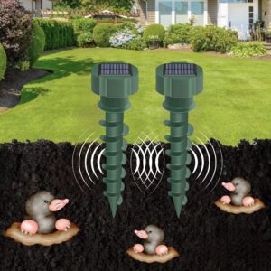 Solar Animal Repeller, 360° Ultrasonic Repellent for Moles, Cats, Dogs, Deer, Foxes, & Skunks, IP65 Waterproof, Solar-Powered, Motion Sensor & Vibration, 2 Pack for Lawn & Garden