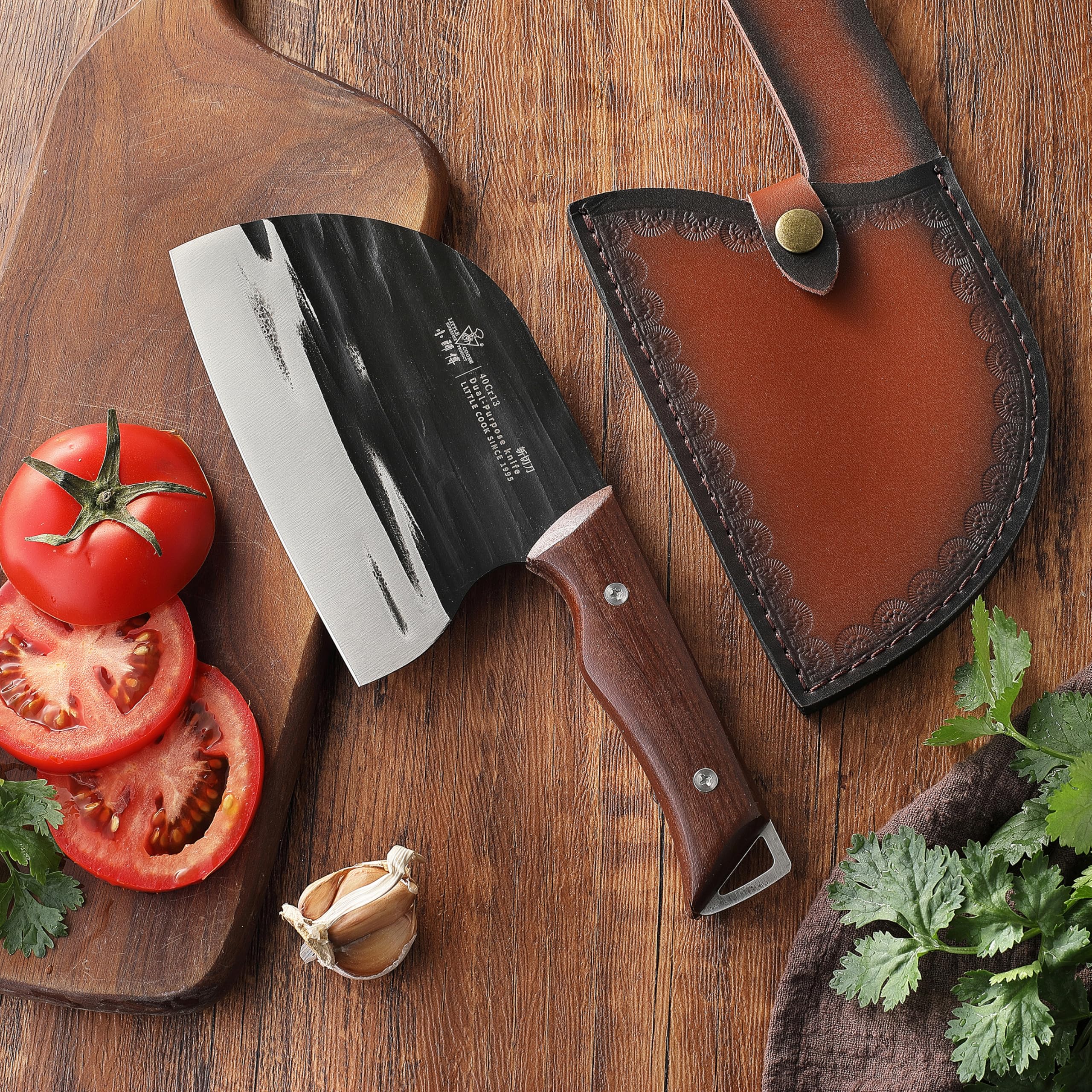 Serbain Chef Knife, Little Cook 6.1 inch Ancient Forged Meat Cleaver Knife, Premium Stainless Steel Butcher Knife with Ergonomic Wood Handle, Leather Sheath & Gift Box Included