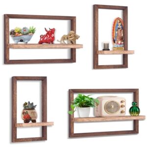 square floating shelves,set of 4 for wood wall shelves for bedroom farmhouse,rustic floating shelf decorative storage shelving wall mounted decor with frame (floating shelves-carbon burning color)