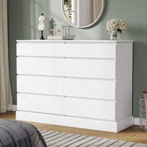 dictac 8 drawers dresser for bedroom, white large chest of drawers, long modern double dressers, big clothing storage organizer closet with ample space, 51.6''l x 15.7''d x 37.7''h