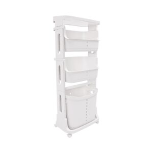 HOLMZCED 4 Tiers Standing Laundry Baskets with Wheels, Rolling Laundry Cart with Removable Laundry Basket Mobile Laundry Hampers Plastic Laundry Storage Cart White for Bedroom Laundry Room Bathroom