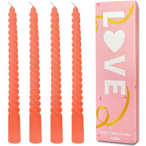 Topsics Orange Spiral Taper Candles, 10 Inch Orange Taper Candles Set of 4 Unscented Dripless Candlesticks - Long Burning Candles for Halloween, Home Decor, Wedding, Party