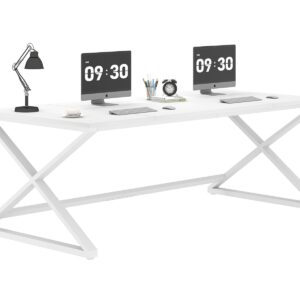 LVB 70.8" Long Desk, Modern Large White Computer Desk for Home Office Work, Wood Metal Computer Table for Writing Study in Bedroom, Simple Gaming Desk for 2 Monitor Workstation, White Oak, 70 in