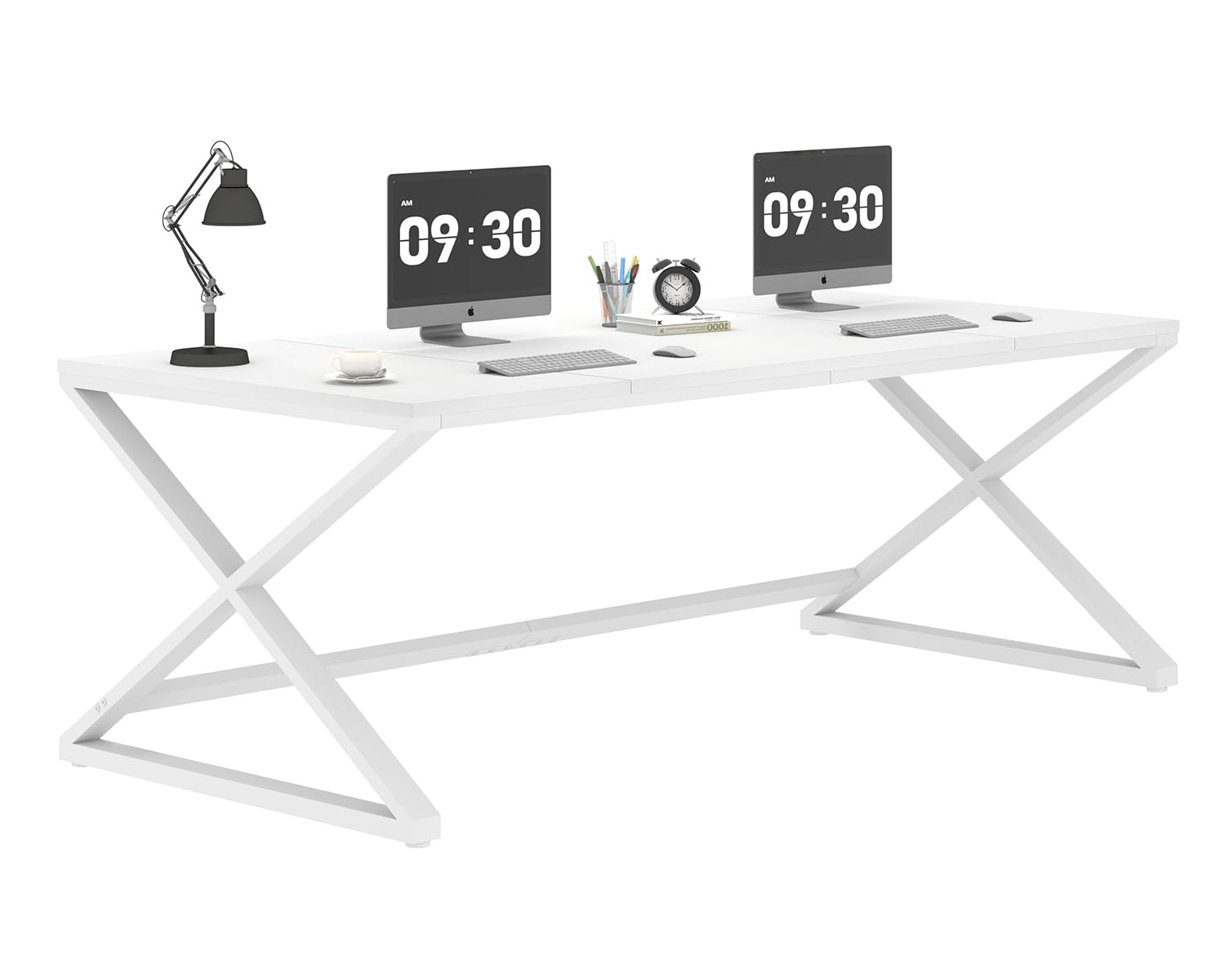 LVB 70.8" Long Desk, Modern Large White Computer Desk for Home Office Work, Wood Metal Computer Table for Writing Study in Bedroom, Simple Gaming Desk for 2 Monitor Workstation, White Oak, 70 in