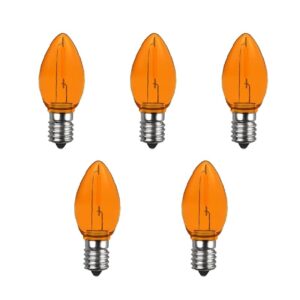 venusop 5 pack c7 orange led replacement christmas light bulbs,e12 candelabra base, shatterproof plastic, for christmas outdoor string lights (orange)