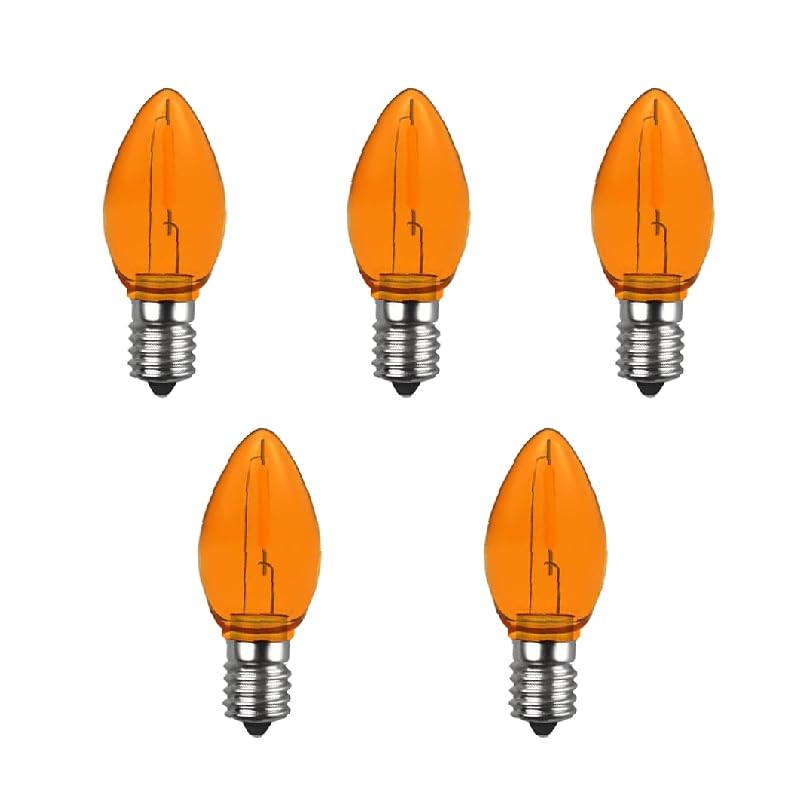 VENUSOP 5 Pack C7 Orange LED Replacement Christmas Light Bulbs,E12 Candelabra Base, Shatterproof Plastic, for Christmas Outdoor String Lights (Orange)