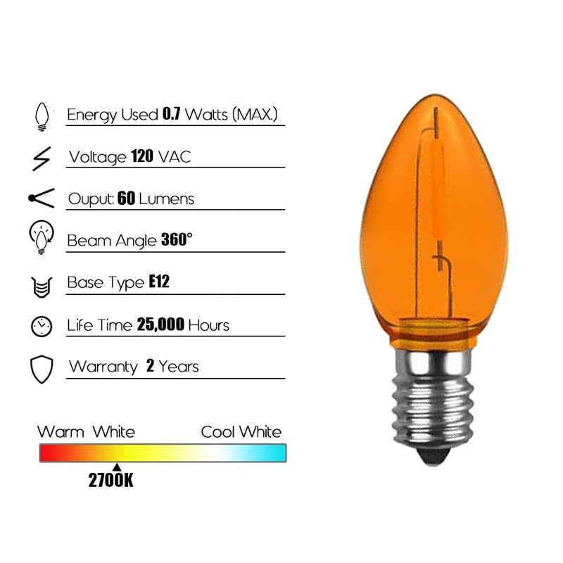 VENUSOP 5 Pack C7 Orange LED Replacement Christmas Light Bulbs,E12 Candelabra Base, Shatterproof Plastic, for Christmas Outdoor String Lights (Orange)