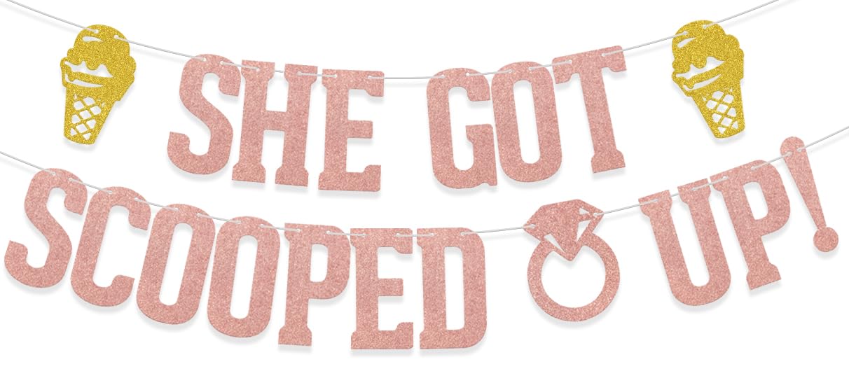 KEWUFD She Got Sco*ped Up Banner, Funny Bridal Shower Party Decoration for Women, Summer Theme Bachelorette/Bridal Shower/Engagement/Wedding Party Rose Gold Glitter