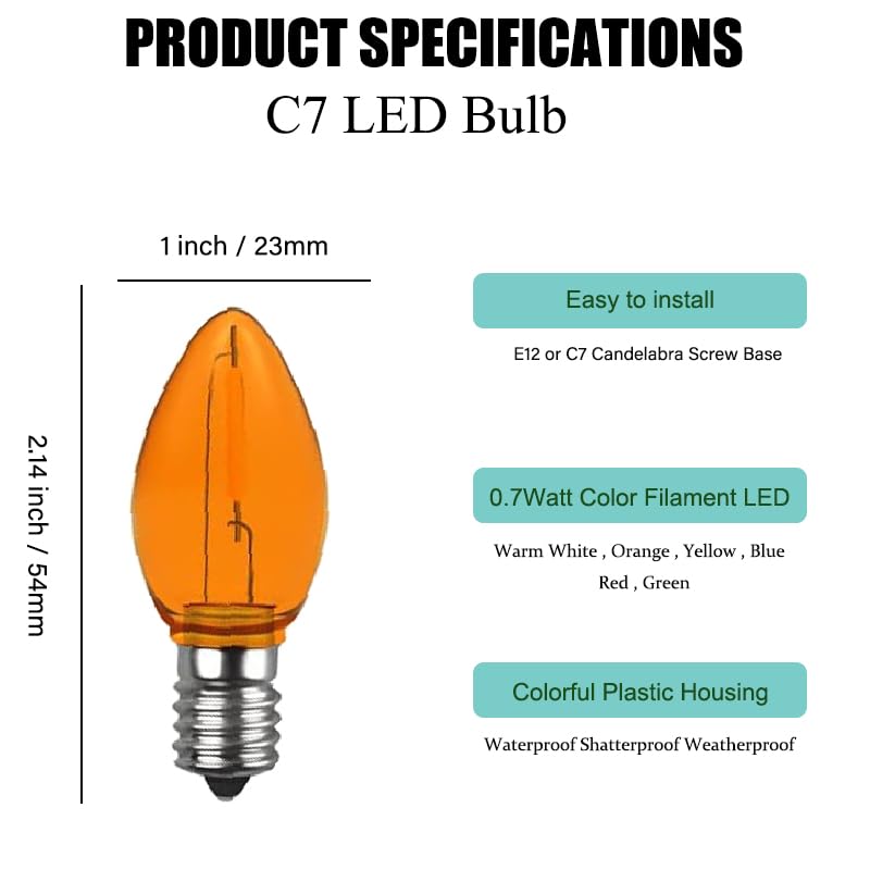 VENUSOP 5 Pack C7 Orange LED Replacement Christmas Light Bulbs,E12 Candelabra Base, Shatterproof Plastic, for Christmas Outdoor String Lights (Orange)