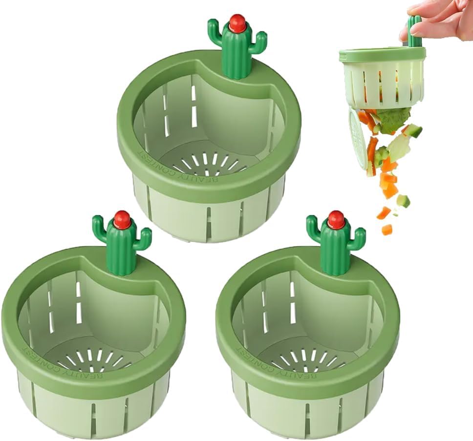 3PCS Cactus Kitchen Sink Drain Strainer - Press Automatic Dumping Basket, Multi-Functional Home Use Cactus Sink, Draining Basket Filter Net Lifting Basket, Kitchen Waste Collector Filter (Green)