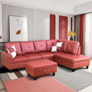 103" w sectional couches for living room, faux leather couch with storage ottoman, leather sofa brown couches, modular sectional sofa,modular sectional couch for living room furniture sets, red