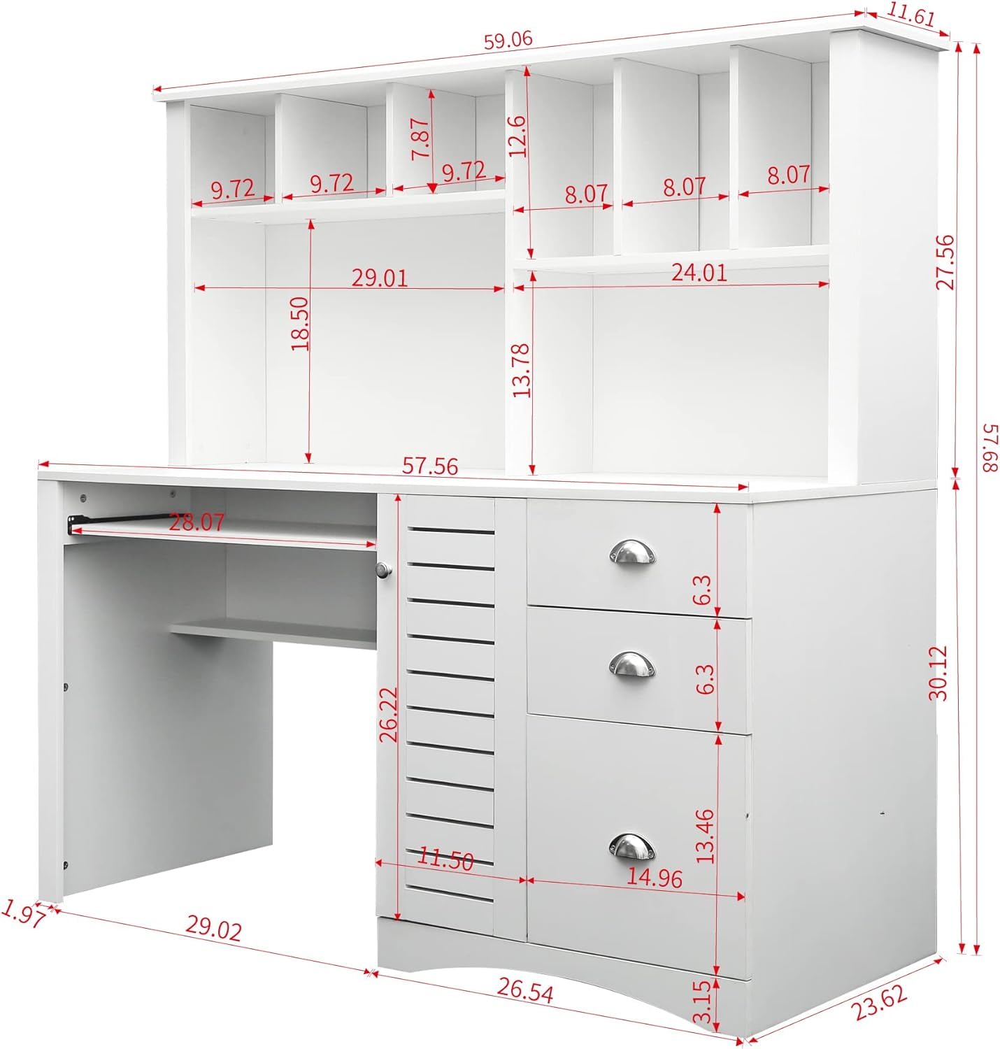 JOYSOURCE 59" Computer Desk with Hutch, 2-Tier Shelves, Keyboard Tray, 3 Drawers, White - Large Home Office Desk for Gaming, Writing, Study Workstation