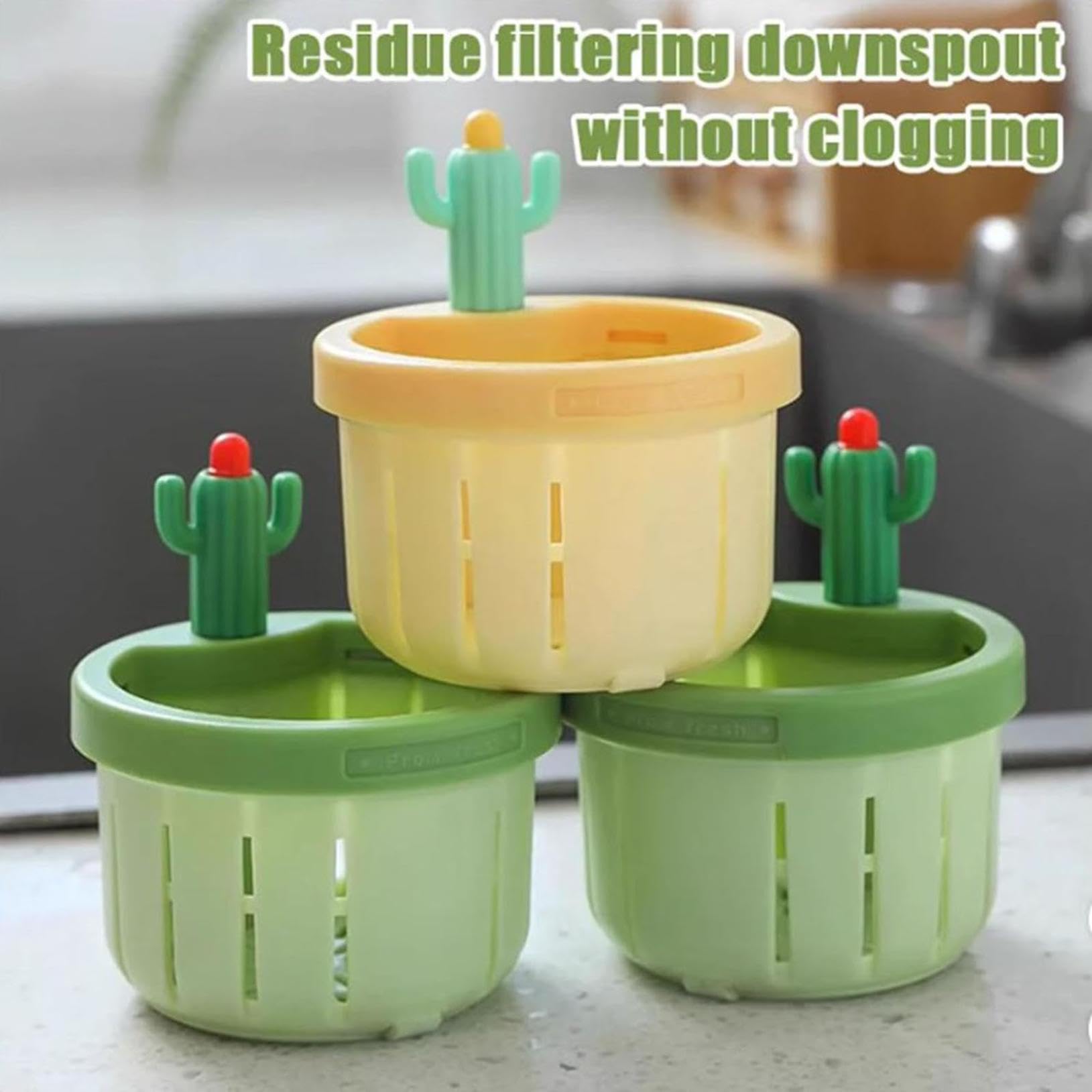 3PCS Cactus Kitchen Sink Drain Strainer - Press Automatic Dumping Basket, Multi-Functional Home Use Cactus Sink, Draining Basket Filter Net Lifting Basket, Kitchen Waste Collector Filter (Green)