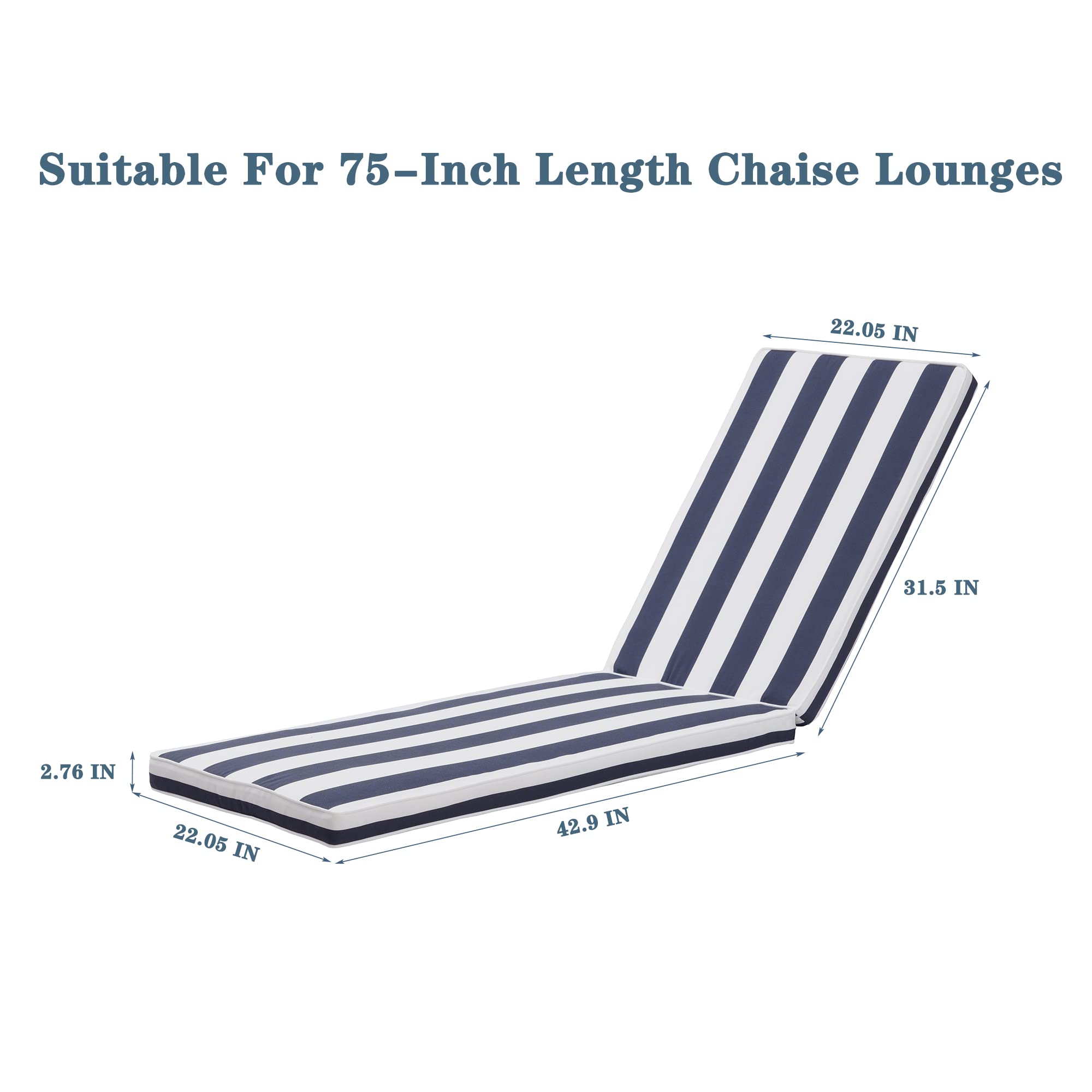 PERFECT GARDEN 2-pcs Set Chaise Lounge Cushion Weather Resistant & Fade Resistant for Outdoor Patio Furniture, Ideal for Lawn & Pool, 74.5" W x 22" D (White Blue Striped)