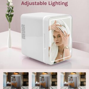 FETIONS Mini Skincare Fridge with Adjustable LED Make Up Mirror, Portable Refrigerator 4L/6 Can Cooler & Warmer, Compact for Skincare,Food and Drinks, Small Fridge for Bedroom,Dorm,Car,Office, White