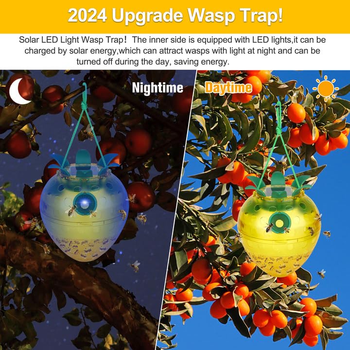 Wasp Traps Outdoor Hanging, Yellow Jacket Wasp Catcher for Trapping Hornet, Non-Toxic Reusable Wasp Catcher for Outdoors Trapping Wasp, Wasp Trap Solar Power Outdoor with LED Light, 2PC-Yellow