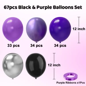 Purple and Black Balloons, 67pcs 12 Inch Purple Black Silver Latex Balloons for Girls Women Wednesday Birthday Graduation Bridal Shower Halloween Party Decorations