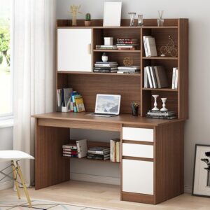 litfad modern computer desk work from home desk with hutch, bookcase and integrated cable management, rectangular wood office desk 3 drawers, 47.2" l x 17.7" w x 65" h, black oak