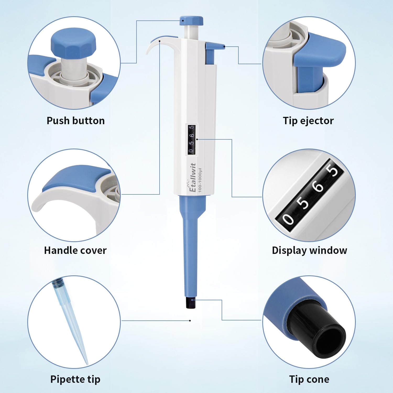 Etallwit Single Channel Pipette with Adjustable Variable Volume, High Accurate Manual Micropipette for Lab, 1000-5000ul