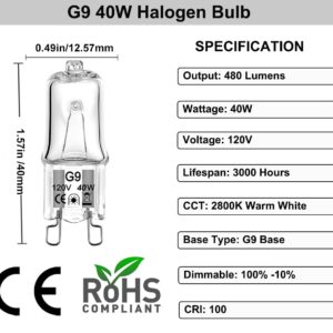 Vannise G9 40W Bulb-5 Pack Long Lasting JCD G9 120V 40W, Halogen Bulbs 2 Pin G9 Dimmable with 2800K Warm White, High Output G9 Bulb with G9 Base, G9 Light Bulb 40W for Chandelier,Range Hood Light