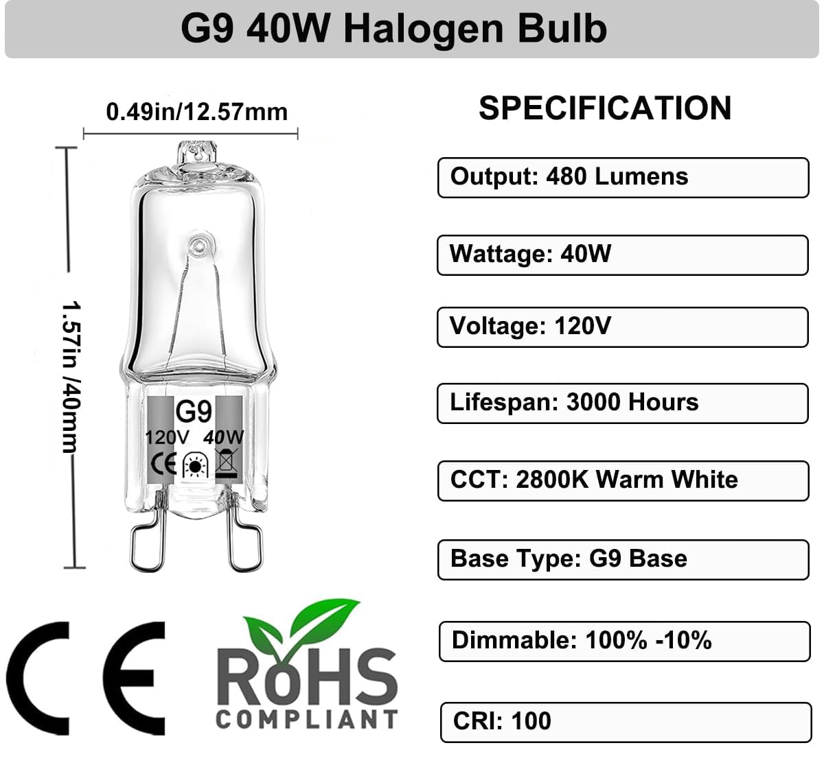 Vannise G9 40W Bulb-5 Pack Long Lasting JCD G9 120V 40W, Halogen Bulbs 2 Pin G9 Dimmable with 2800K Warm White, High Output G9 Bulb with G9 Base, G9 Light Bulb 40W for Chandelier,Range Hood Light