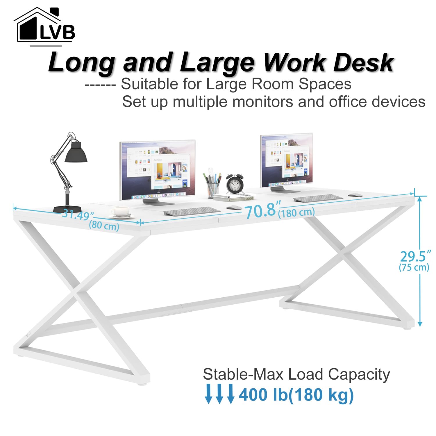 LVB 70.8" Long Desk, Modern Large White Computer Desk for Home Office Work, Wood Metal Computer Table for Writing Study in Bedroom, Simple Gaming Desk for 2 Monitor Workstation, White Oak, 70 in