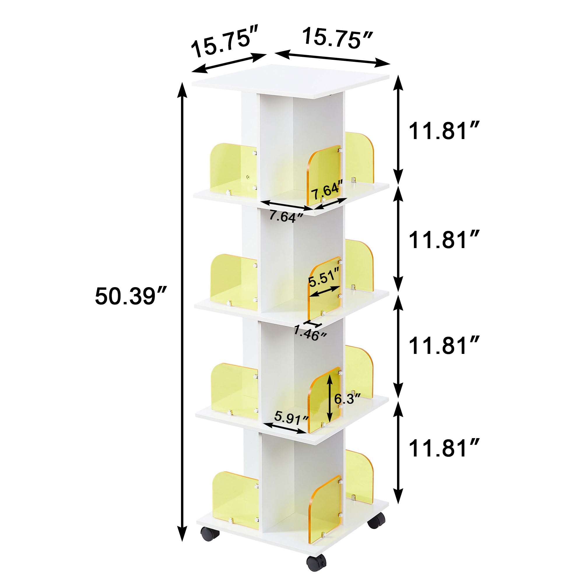 VECELO Rotating Bookshelf with Brake Wheels, 360°Display 4 Tier Floor Stackable Spinning-Bookshelf Tower for Kids&Adults, Revolving Bookcase for Small Space,Corner(White)