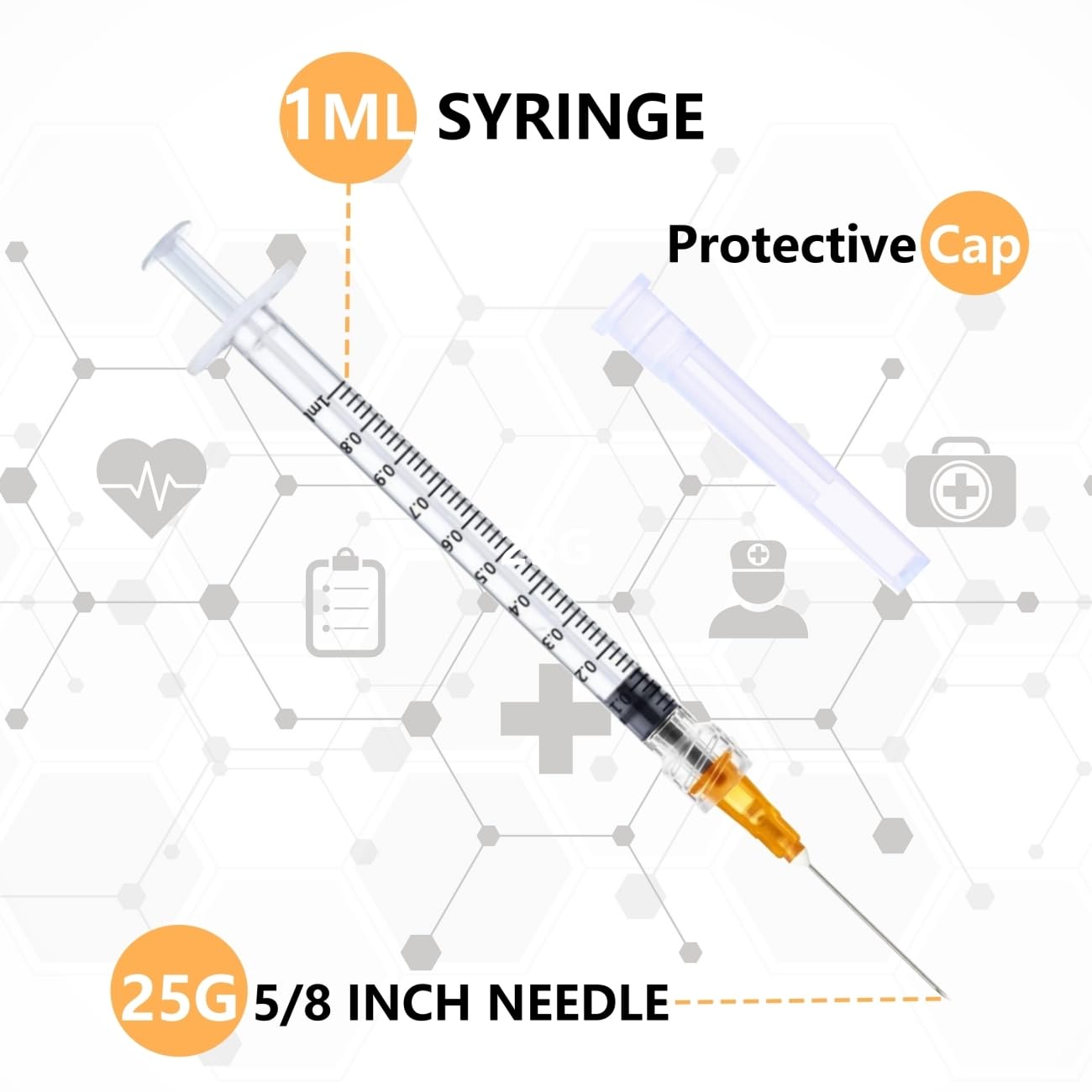 1ml Syringes with Needles 25G 5/8 inch, Lab Sample Injection Syringes for Industrial Scientific Labs, Liquids Measuring and Dispensing - 50 Pack/Box