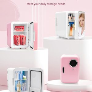 FETIONS Mini Skincare Fridge with Adjustable LED Make Up Mirror, Portable Refrigerator 4L/6 Can Cooler & Warmer, Compact for Skincare,Food and Drinks, Small Fridge for Bedroom,Dorm,Car,Office, White