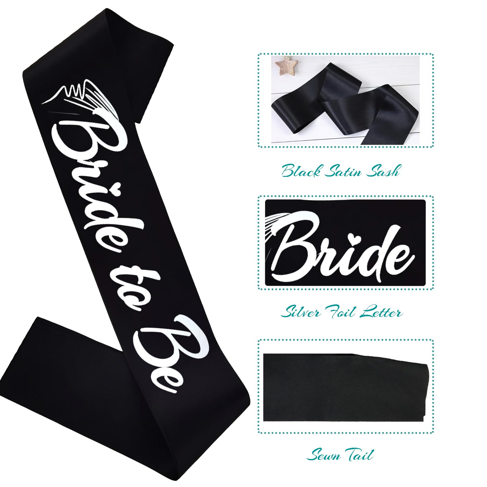 HUBEISIYU 2pcs Bride to Be and Groom to Be Sash, Bridal Shower Sashes Bachelor Decorations Just Married Gift Engaged Decor Engagement Accessories Bachelorette Party Supplies, Black+Silver(Letters)