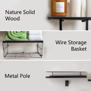 PSUTBPAT Bathroom Shelves Over Toilet for Wall，Floating Shelves Over Toilet Paper Holder，Wall Mounted Rustic Wood Storage Basket Shelves for Bedroom，Living Room & Kitchen, Black