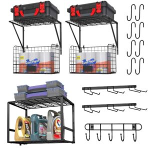 psutbpat garage shelf wall mounted with wire baskets, heavy duty garage wall shelving with garden tool storage und hooks, wire shelf baskets for home garden garage organization and storage