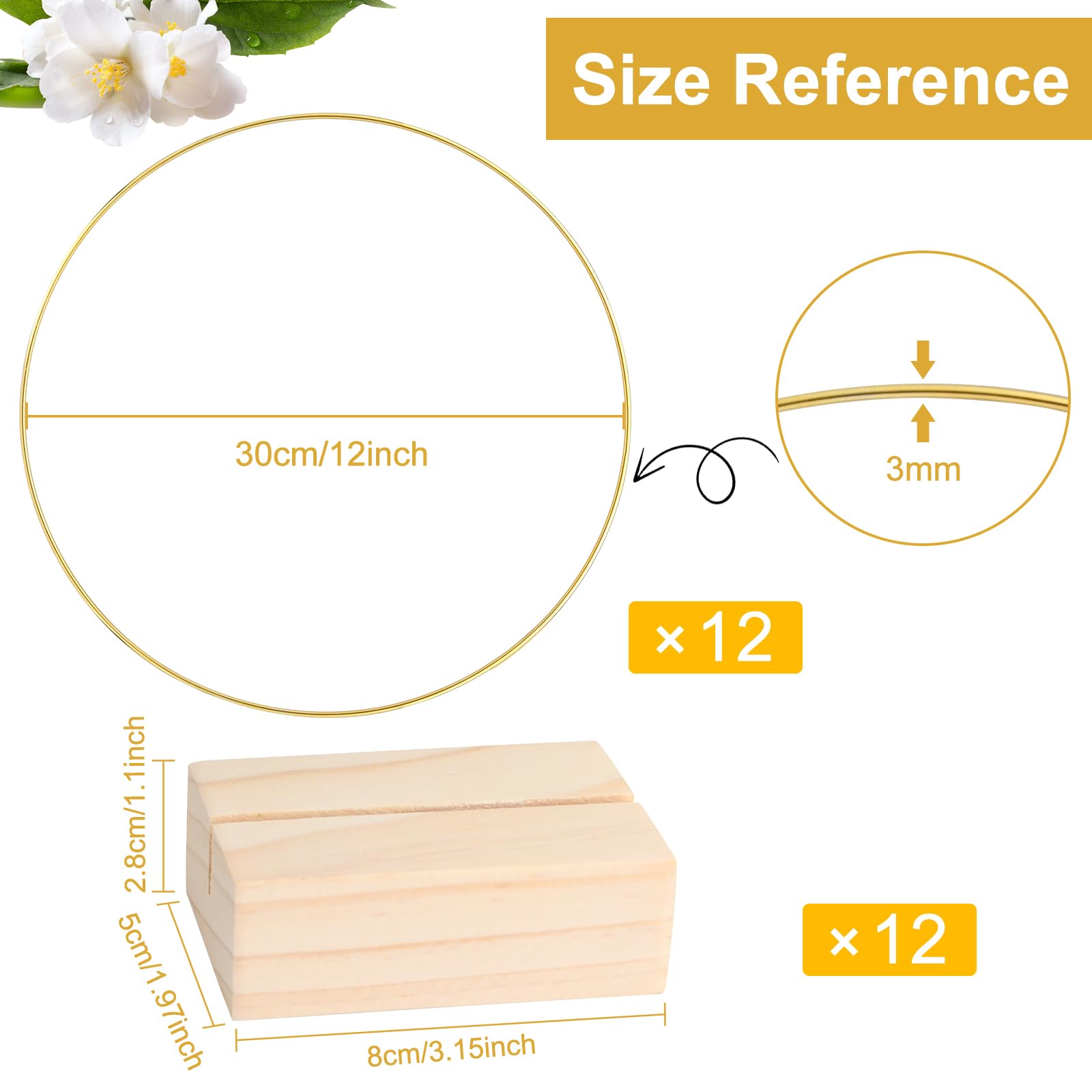 Hviiso 12 PCS 12 Inch Floral Hoop Centerpiece Table Decorations - Gold Wedding Party Centerpieces with Natural Wood Base, Metal Wreath Ring Stand for Balloon and Flower Decoration