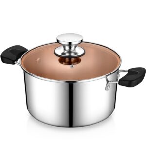 5 qt stainless steel pot with lid, p&p chef 3-ply stock pot for cooking pasta & stewing soup, fits multi stoves, heat-proof handle & clear lid, heavy duty & dishwasher safe