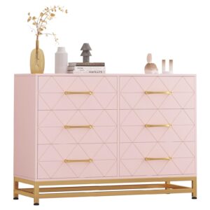 Dresser for Bedroom with 6 Drawers, Modern Wood Dresser for Closet, Chest of Drawers for Bedroom, Nursery, Living Room, Hallway, Pink