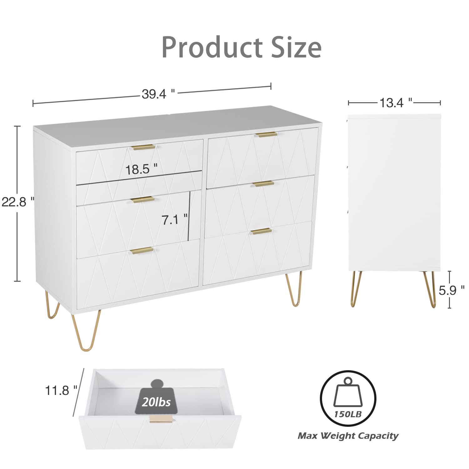 Anbuy 3 Pcs Bedroom Sets, 6 Drawer Dresser and Night Stand Sets for Bedroom, Two Drawers Nightstand Set of 2 & 6 Drawer Dresser Combo 3 Pieces (White)