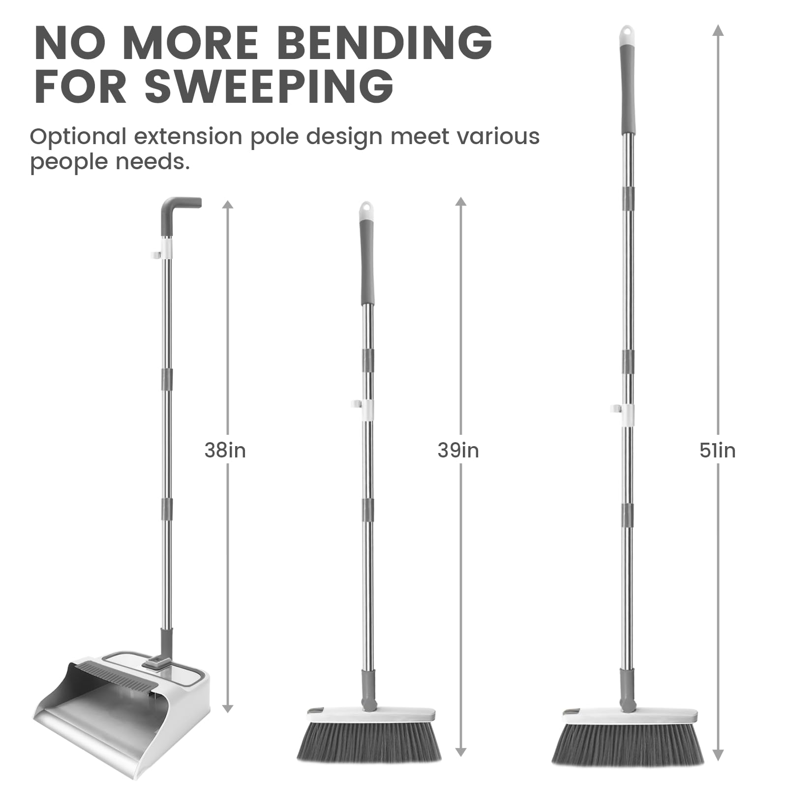 Upgraded Broom with Dustpan Combo Set,Aluminum Dustpan Lip,51” Long Handle,Transparent Window,Ideal for Sweeping Indoor Outdoor Kitchen Household Cleaning (White)