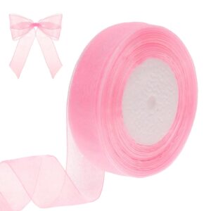 zeyiyer pink ribbon, 1 inch 50 yards sheer organza ribbon for flower bouquet, pink festival gift basket chiffon ribbon, tulle ribbon for gift wrapping wedding flower party home decoration