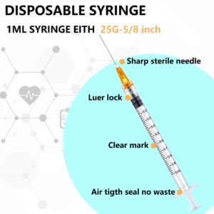 1ml Syringes with Needles 25G 5/8 inch, Lab Sample Injection Syringes for Industrial Scientific Labs, Liquids Measuring and Dispensing - 50 Pack/Box