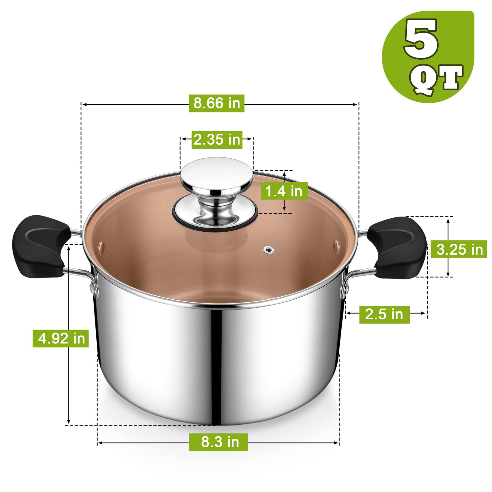 5 Qt Stainless Steel Pot with Lid, P&P CHEF 3-Ply Stock Pot for Cooking Pasta & Stewing Soup, Fits Multi Stoves, Heat-proof Handle & Clear Lid, Heavy Duty & Dishwasher Safe