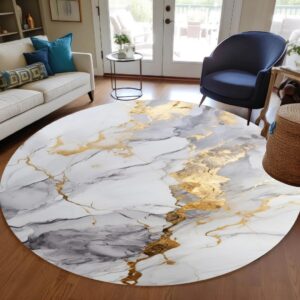 Luxury Aesthetic Art Deco Circle Wool Area Rug 5ft Grey Gold Marble Abstract Modern Round Rug for Living Room Bedroom Diningroom Soft Machine Washable Home Office Conference Room Carpet