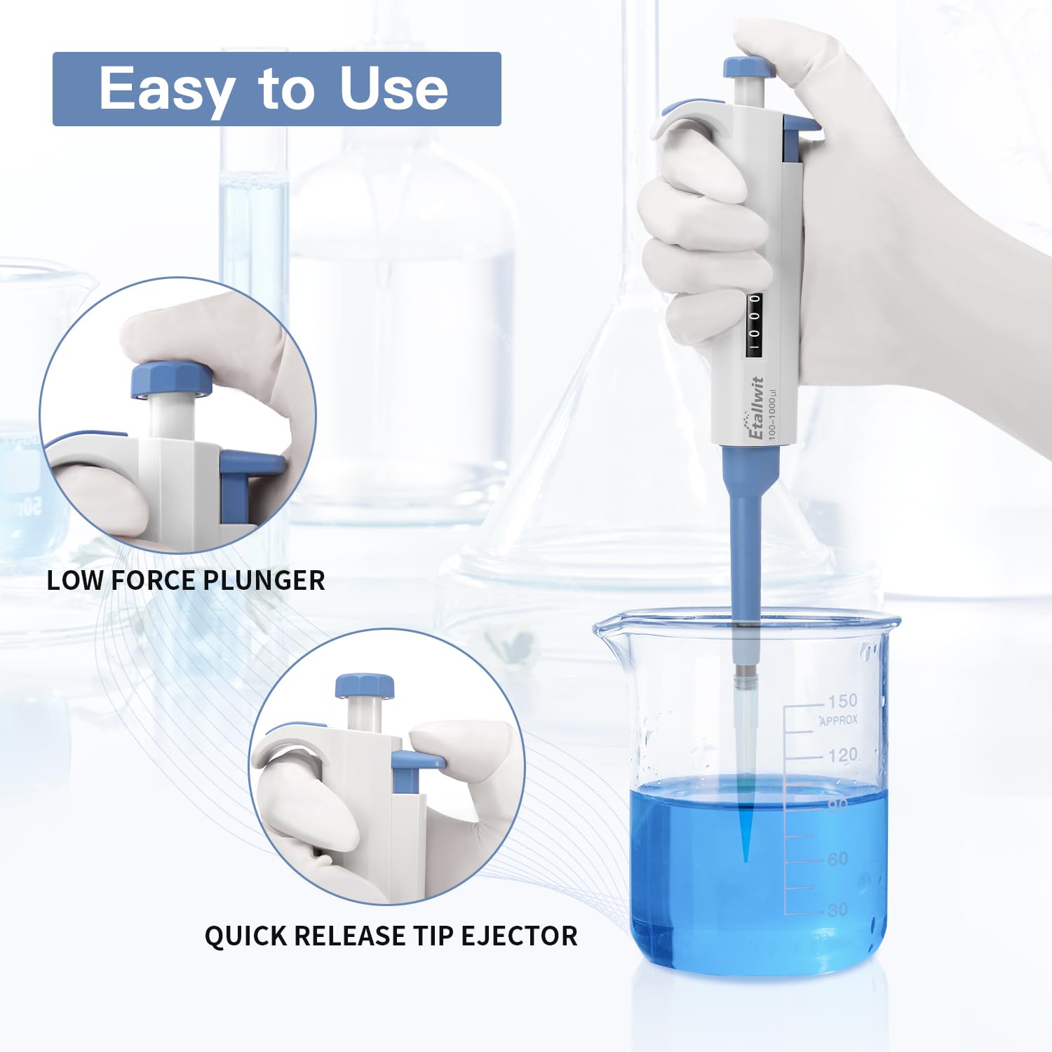 Etallwit Single Channel Pipette with Adjustable Variable Volume, High Accurate Manual Micropipette for Lab, 1000-5000ul