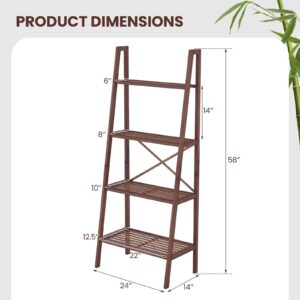 Tangkula 4-Tier Bamboo Ladder Bookshelf, Rustic Bookcase, Floor Standing Shelving Unit, Book Shelf Storage Organizer, Display Rack for Living Room, Kitchen, Bedroom, Office (1, Walnut)