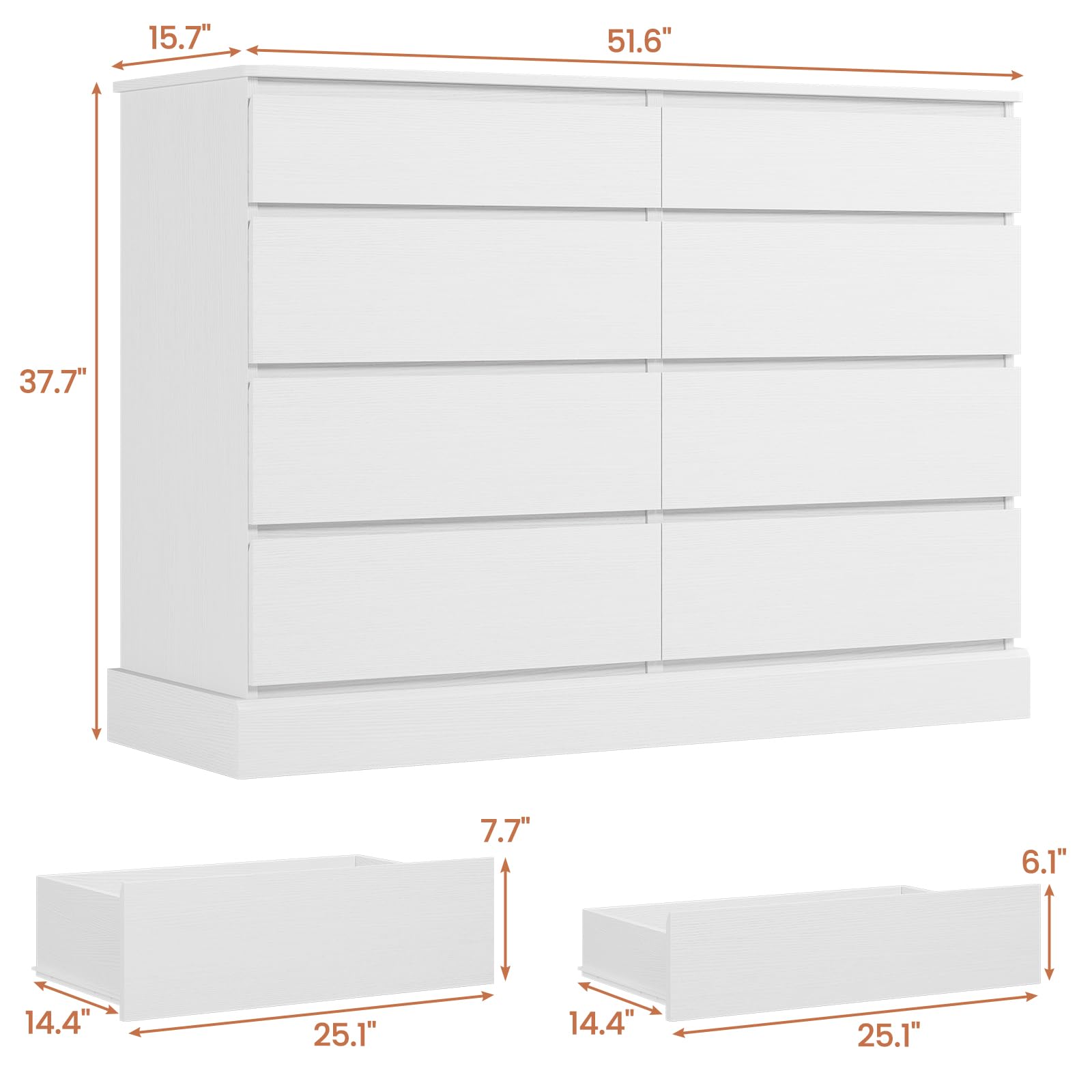 DICTAC 8 Drawers Dresser for Bedroom, White Large Chest of Drawers, Long Modern Double Dressers, Big Clothing Storage Organizer Closet with Ample Space, 51.6''L x 15.7''D x 37.7''H