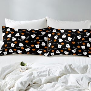 White Ghost Bedding Set,Pumpkin Lantern Comforter Cover Set for Teens Women Room Decor,Cartoon Halloween Duvet Cover Breathable Black White Orange Bedspread Cover Full Size