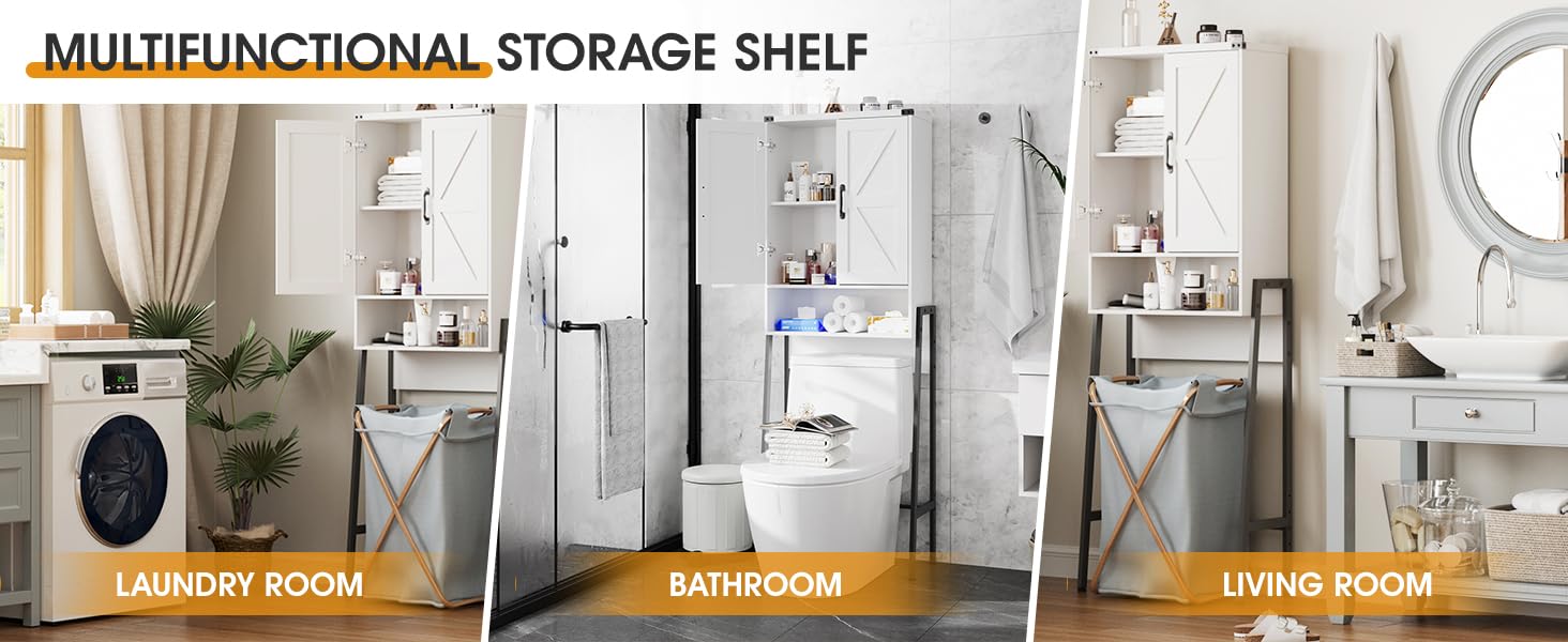 Over Toilet Storage with 2-Door Design Over The Toilet Storage Cabinet with Shelves Bathroom Organizers and Storage with Anti-Tip Device Over Toilet Organizer for Bathroom,Restroom,Laundry White