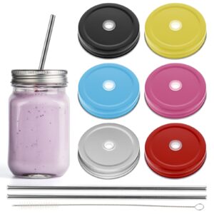 6pack metal regular mouth mason canning jar lids, metal drinking lid with straw hole leak proof reusable jar, 6 colors, 2.7 inch